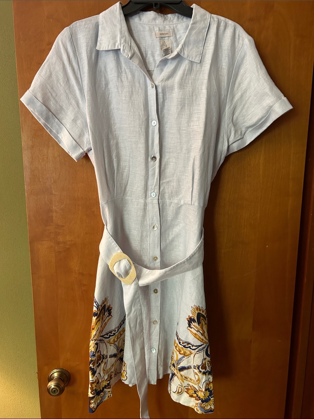 Joie Light Blue Button-Front Midi Dress with Embroidered Hem